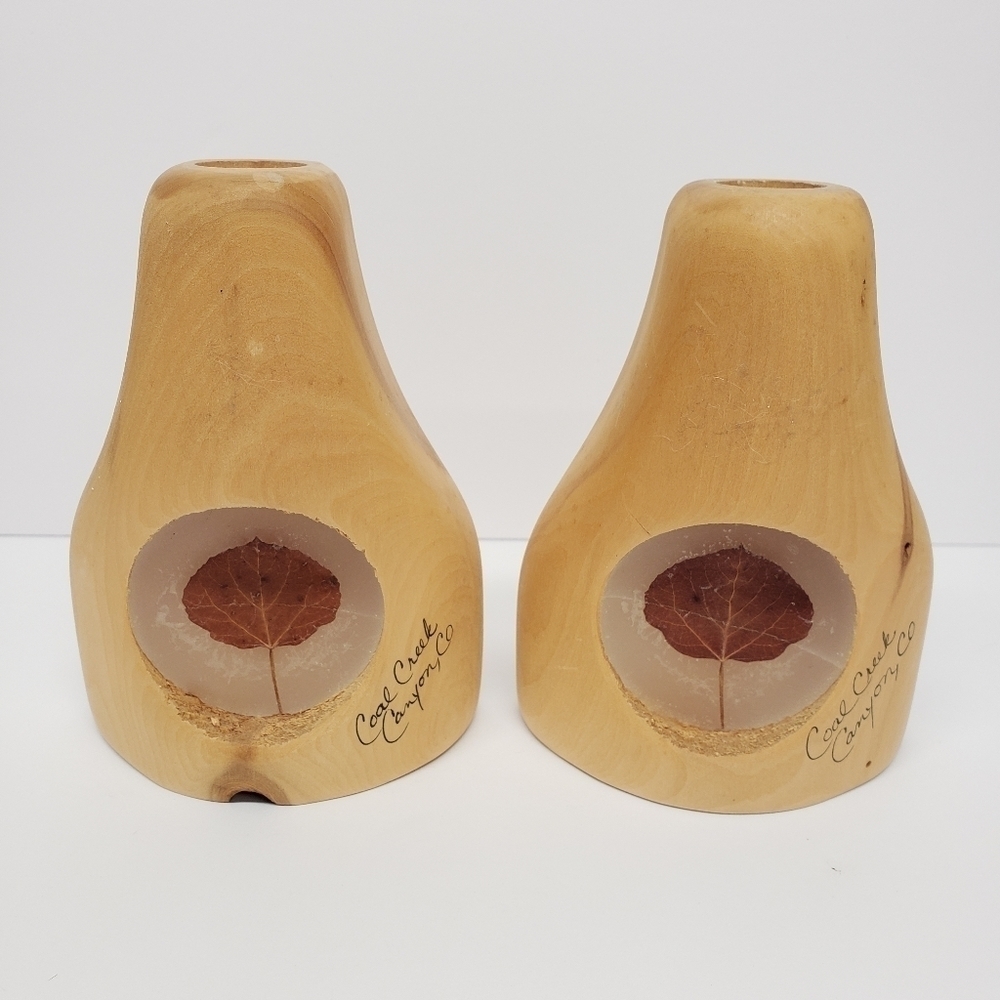 Veronicas Aspen Works Colorado Wood Leaf Log Cabin Candle Holder Set